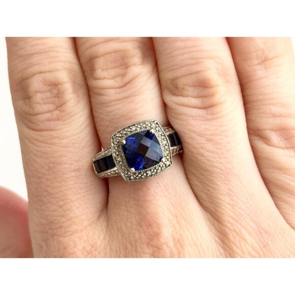 Blue Sapphire Cushion Cut Faceted 925 Sterling Silver Vintage Ring - sz 7 - Picture 12 of 12